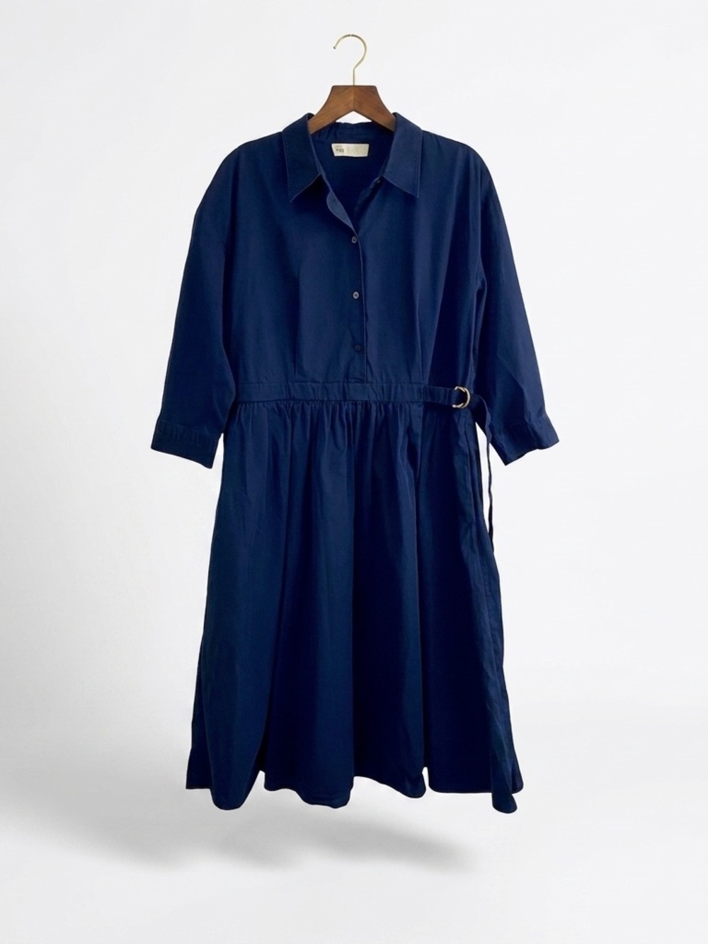 Tory Burch Navy Blue Cotton Midi Shirtdress Gold Logo Buttons Belted Size 12